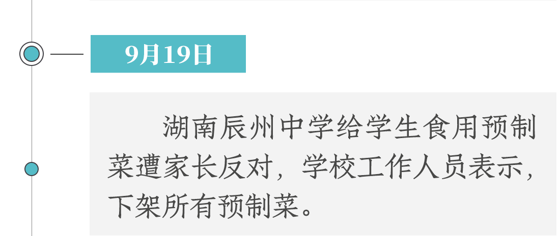 9月19日，湖南辰州中學(xué)使用預(yù)制菜遭家長反對，學(xué)校工作人員表示下架所有預(yù)制菜。