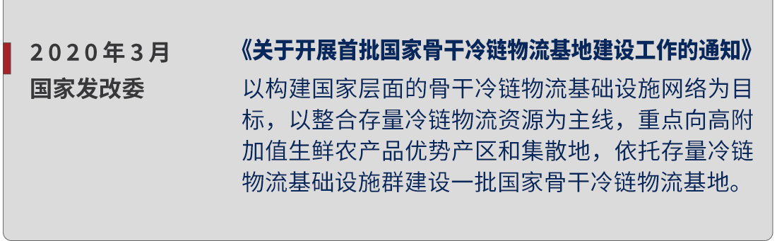 2020年3月，國(guó)家發(fā)改委，《關(guān)于開(kāi)展首批國(guó)家骨干冷鏈物流基地建設(shè)工作的通知》